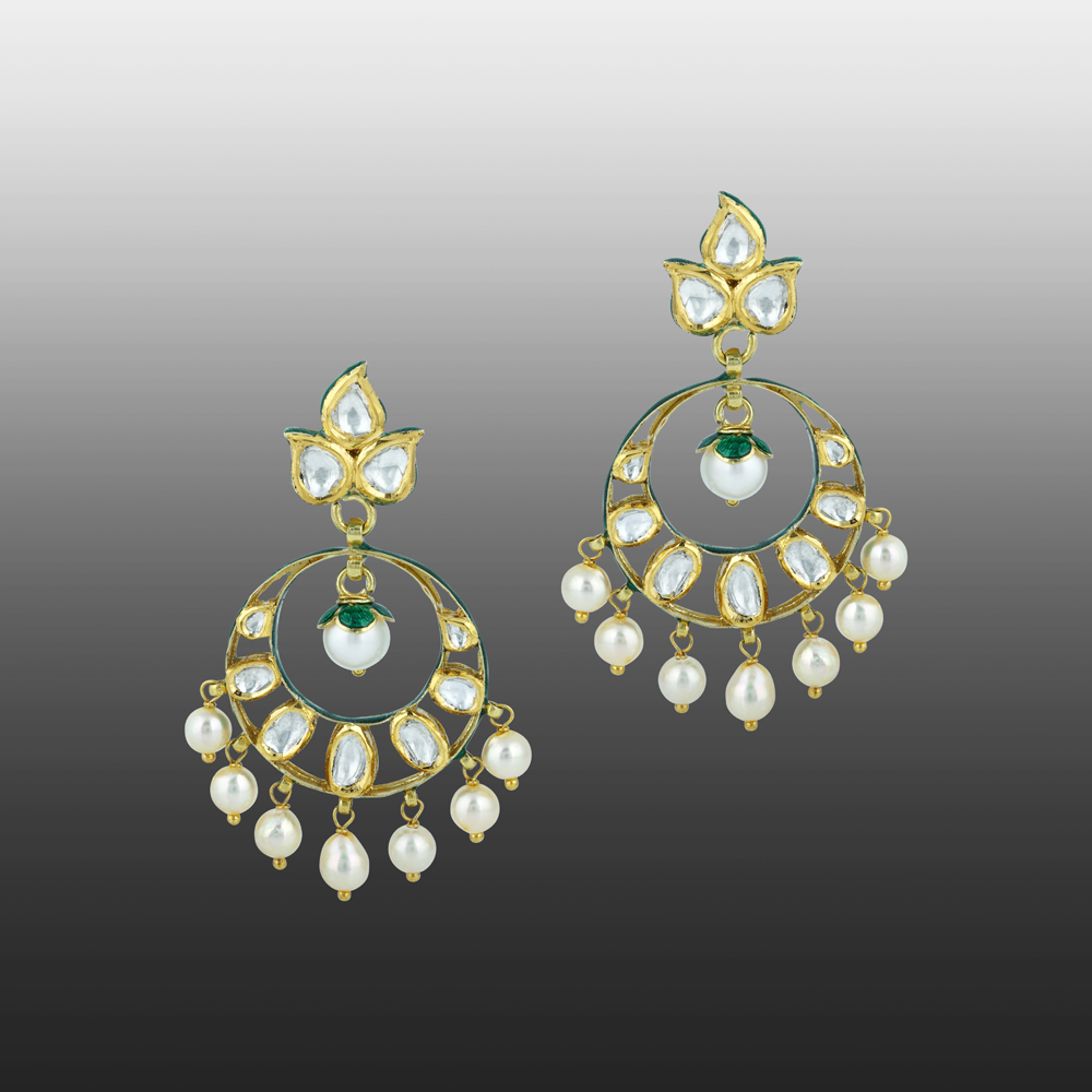 Polki Chandbali Earrings with Petal Studs and Pearl Drops